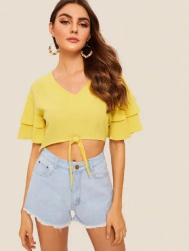 Женская шифоновая рубашка с коротким рукавом и V-образным вырезом | одежда