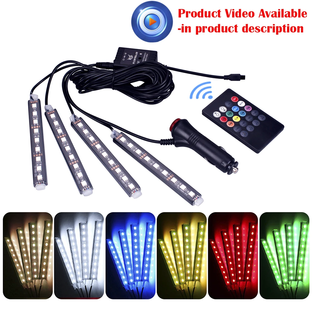 4X 9LED звук голоса Управление Лер салона RGB полосы света атмосфера лампа ноги декоративный свет лампы+ 24 клавиши дистанционное управление