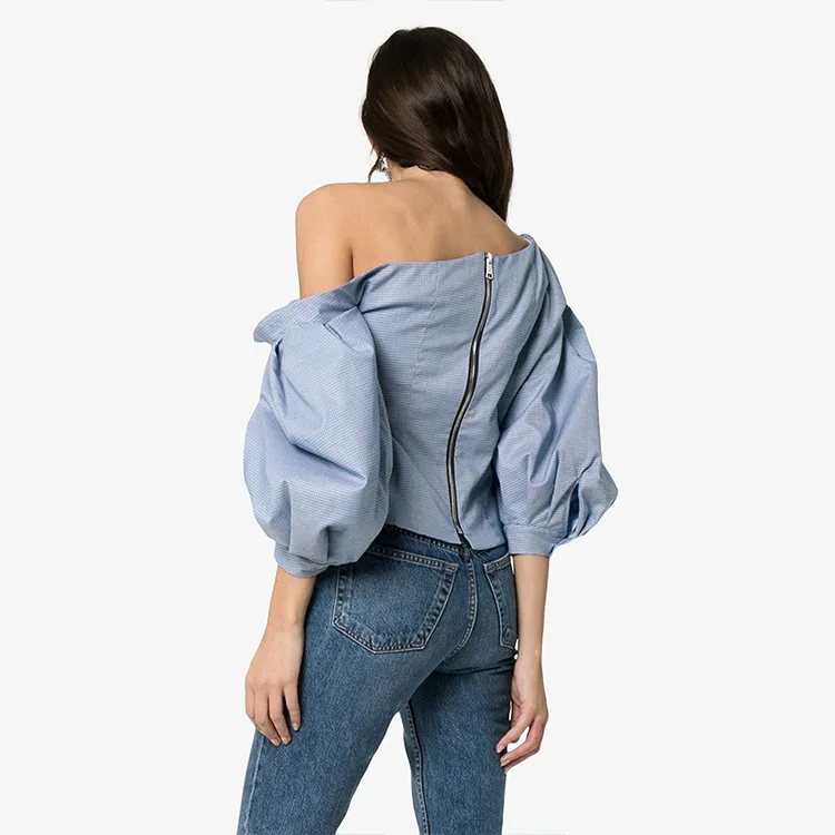Весна и лето 2019 фонарь рукав синие женские рубашки топы с открытыми плечами Топ