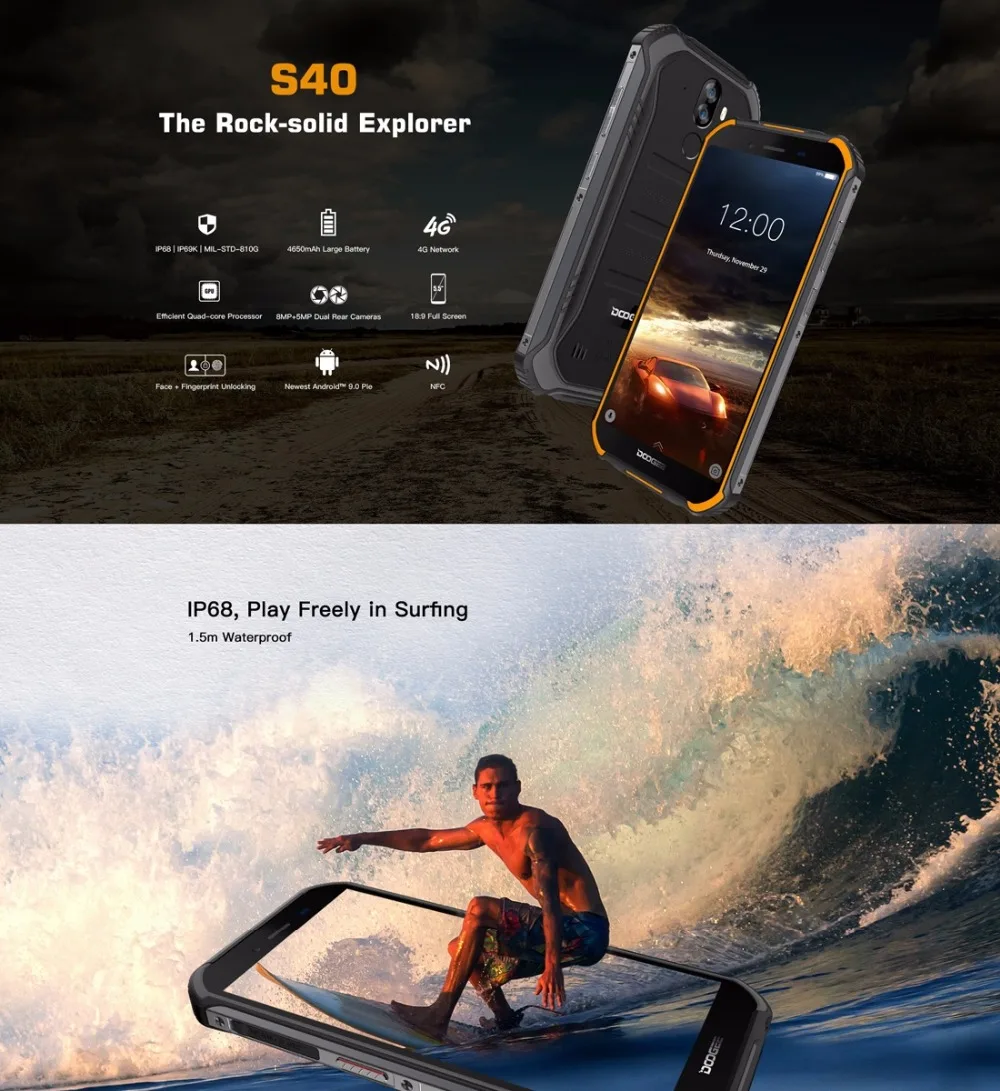 DOOGEE S40 подключается к сети 4G прочный мобильный телефон 5 &quotДисплей 4650 мА/ч MT6739 4