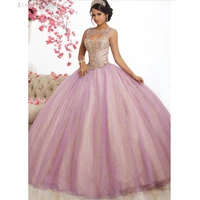 pink tulle long prom dresses ball gowns new design beading top sweet 16 dress evening dress quinceanera vestido de festa