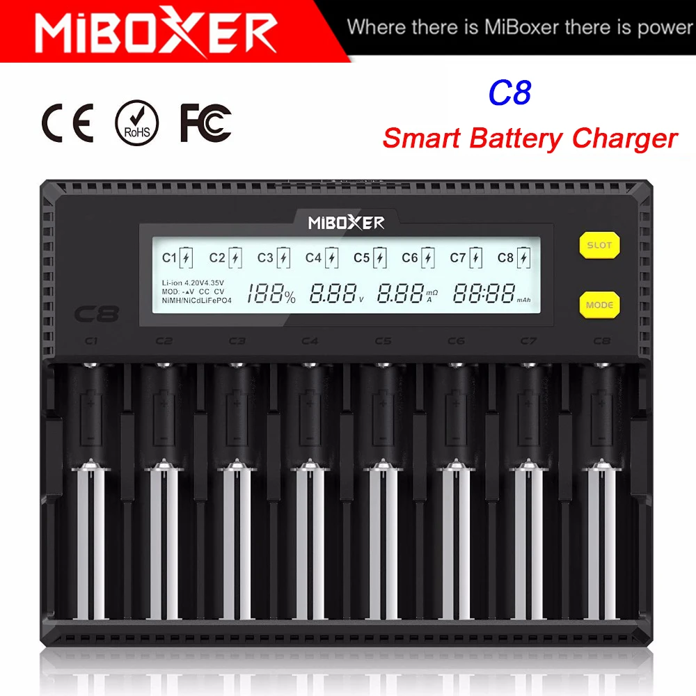 Умное зарядное устройство MiBOXER C8 8 слотов ЖК-дисплей для Li-ion LiFePO4 Ni-MH Ni-Cd AA 21700 20700 26650
