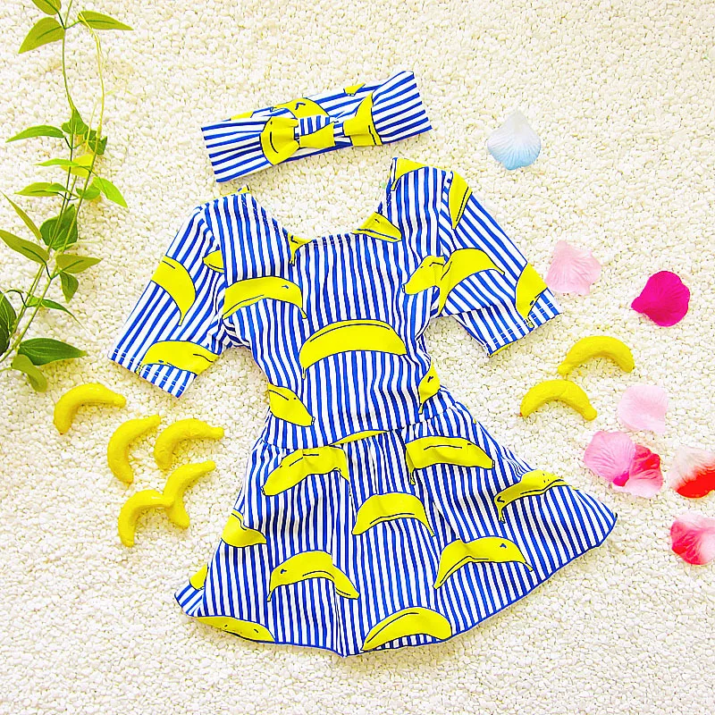 one piece swimsuit stripe swimming suit for kids children girl bathing suits clothes swimwear with headband banana print | Спорт и