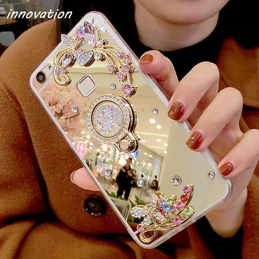 

Luxury Glitter Diamond Ring Stand Holder Phone Case For iPhone SE2 SE3 6S 6 7 8 Plus X XS XR Cute Mirror Glossy Cover Fundas