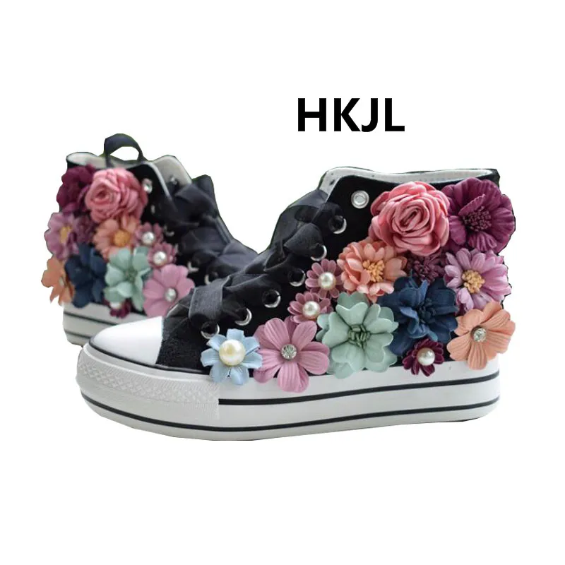 

HKJL2019 spring hand-made pearl flower canvas shoes increased sports shoes flat with banquet shoes