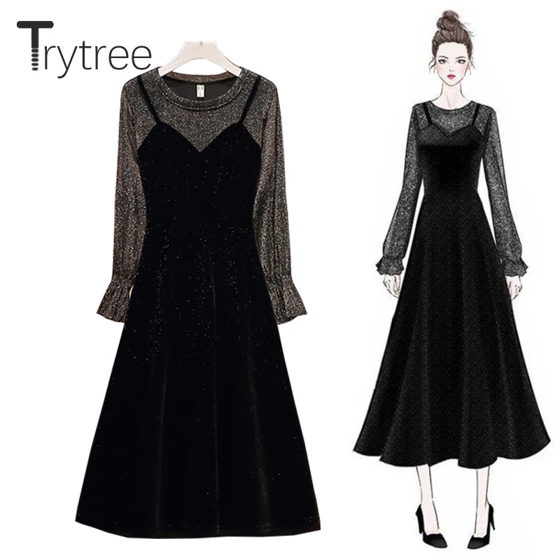 Женское платье с круглым вырезом Trytree повседневное блестящее бархатное вечернее
