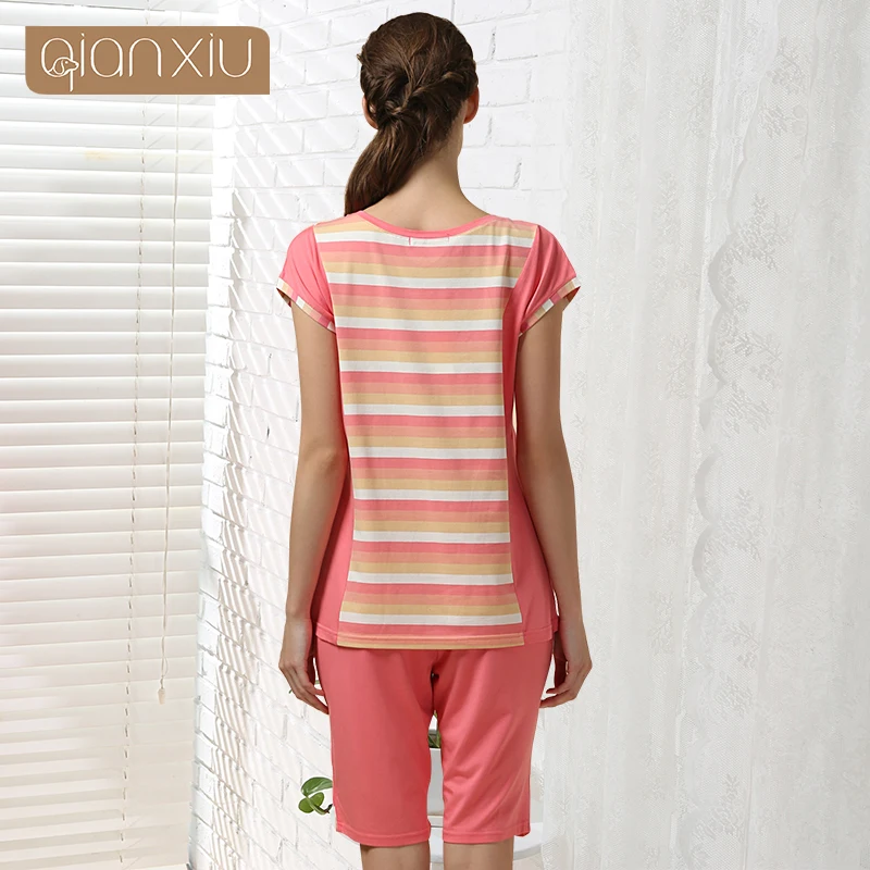 Летние женские повседневные пижамный комплект в полоску одежды для девочек