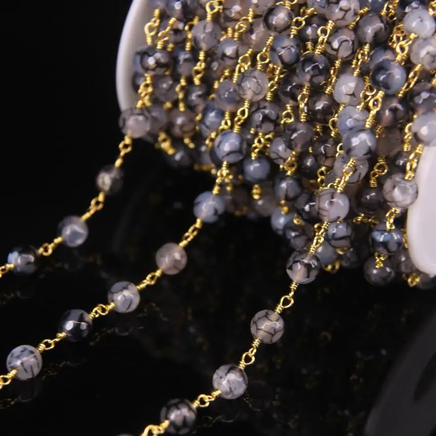 

8mm Smooth Round Bead Rosary Chains,Black Dragon Veins Agate Gold Plated Brass Wire Wrapped Chain Necklace DIY Jewelry Findings