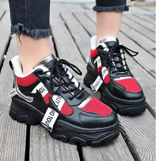 Black red cotton Г., новая весенняя модная женская повседневная обувь из сетчатого материала удобная обувь на платформе женские кроссовки, женские кроссовки, chaussure femme, T741 - Цвет: Black red cotton