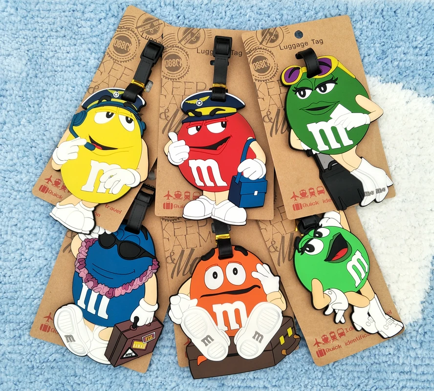 30 шт./лот мультфильм мм шоколадный багажная бирка M& M рисунок Симпатичные ПВХ Подвески украшение чемодана для мальчиков и девочек модная сумка Адрес ID