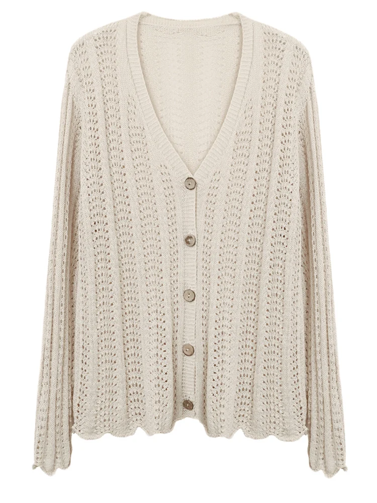 

Open Knitwear Cardigan Women Single Breasted Ruffles Sweater Female Knitted Jacket Sunscreen Long Sleeve Hollow Out Cardigan
