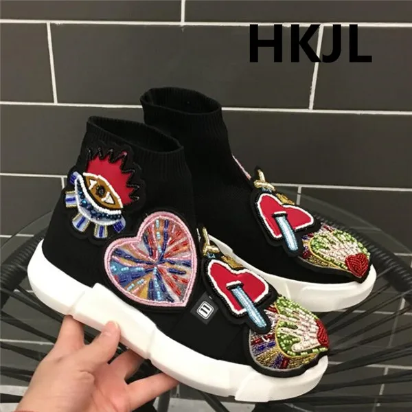 HKJL высокие эластичные носки обувь г. Новые сверхпрочные модные вязаные ботинки с бусинами универсальные Кроссовки Женская мода