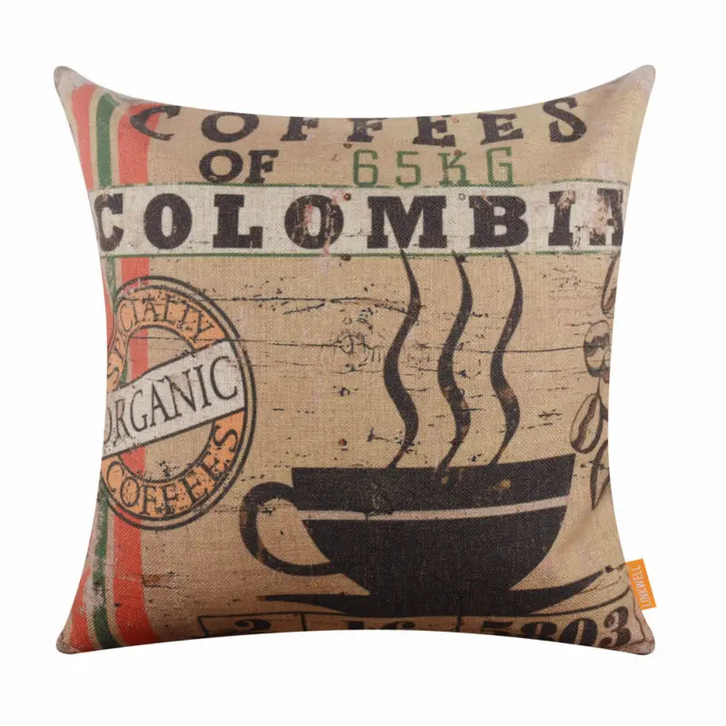 

LINKWELL 18"x18" Vintage Colombia Coffee Organic Design Pattern Yellow Brown Colour Burlap Decorative Pillowcase Cushion Cover