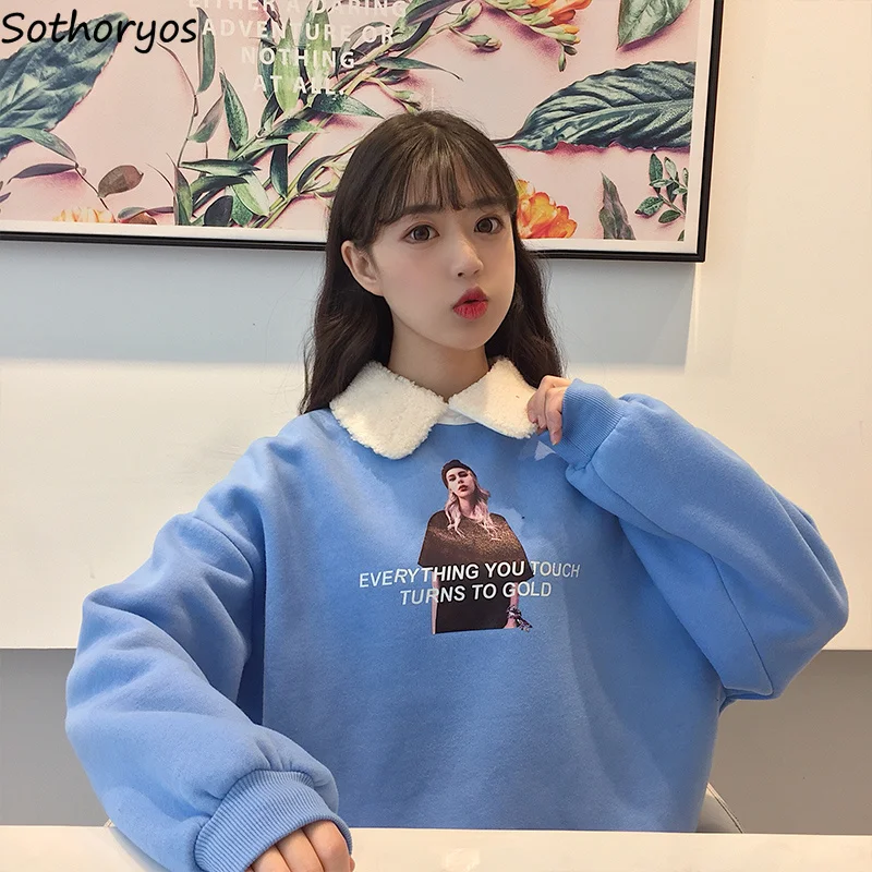 Толстовки женские толстые плюс бархатные теплые Kawaii Мягкие Универсальные пуловеры с принтом женские s Ulzzang корейский стиль Милая шикарная одежда