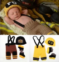 new character unisex cotton baby newborn photography props costume hand crochet knit infant fireman hat pants and shoes set