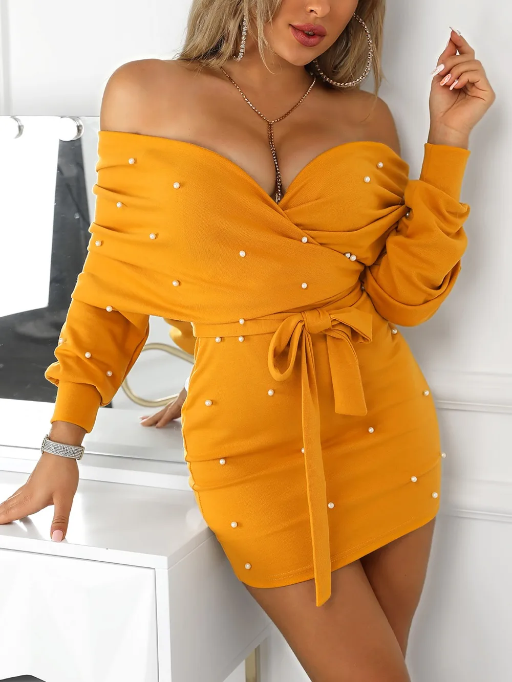 

Off Shoulder Beading Embellished Mini Dress Solid Color Deep Long Sleeve Patchwork Belt Bodycon Dress