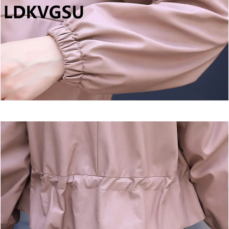 

Short Jacket Female 2018 Autumn New Korean Slim Leather Coat Women O-neck Zipper Drawstring PU Leather Jacket Pink Black Is1163