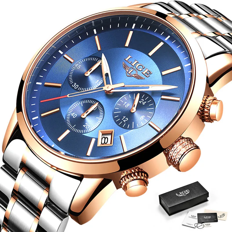 Rose gold blue 2019LIGE новые модные мужские часы лучший бренд класса люкс кварцевые часы с хронографом Бизнес водонепроницаемые часы для мужчин Relogio Masculino - Цвет: Rose gold blue