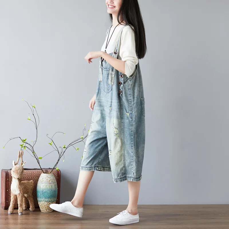 Women Summer Blue Jumpsuit Washed Vintage Loose Hole Jeans Cropped Wide Leg Bib White Scratch Trousers XL-01 | Женская одежда