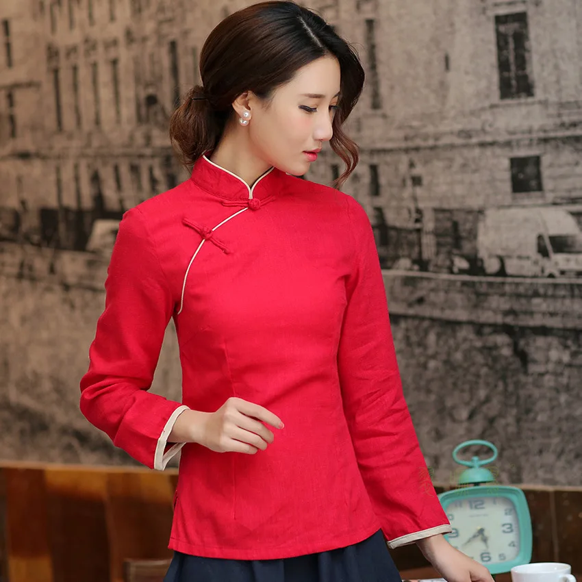 

Free Shipping Mandarin Collar Woman's Shirt chinese traditional top Long Sleeve cheongsam top traditional Chinese Linen blouse