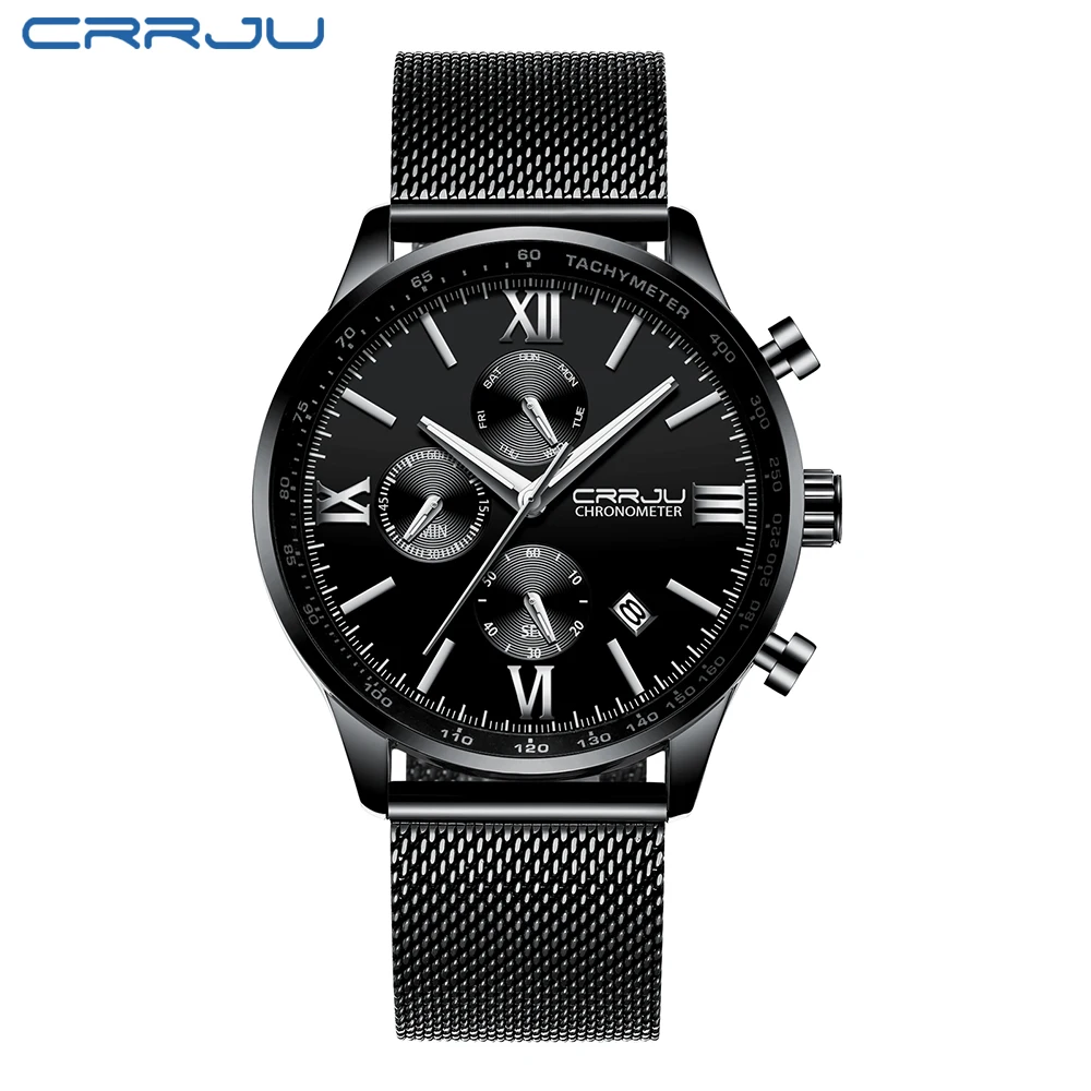 

Top Luxury Brand CRRJU Men Chronograph waterproof Sports Quartz Watch steel mesh belt Men Leisure clock Relogio Masculino