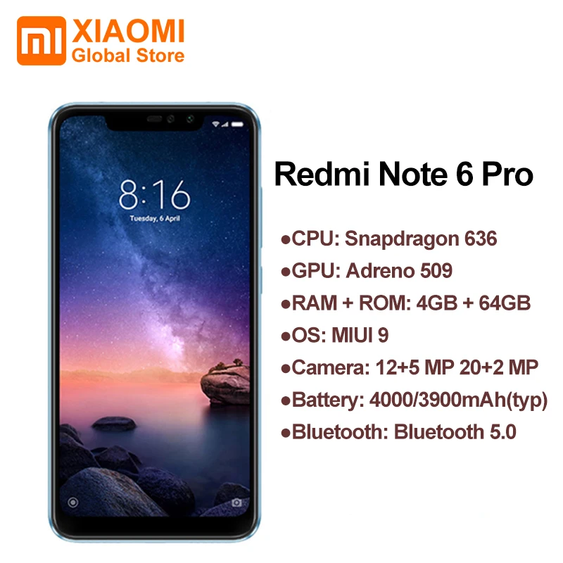 Глобальная версия Xiaomi Redmi Note 6 Pro 4 Гб 64 26 дюйма FHD + Восьмиядерный процессор Snapdragon 636