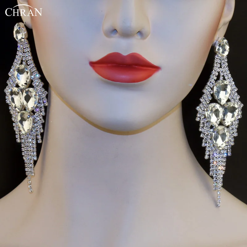 

CHRAN Luxury Exaggerated Sparkling Rhinestone Wedding Party Jewelry Crystal Ultra Long Tassel Dangle Big Drop Earrings for Women