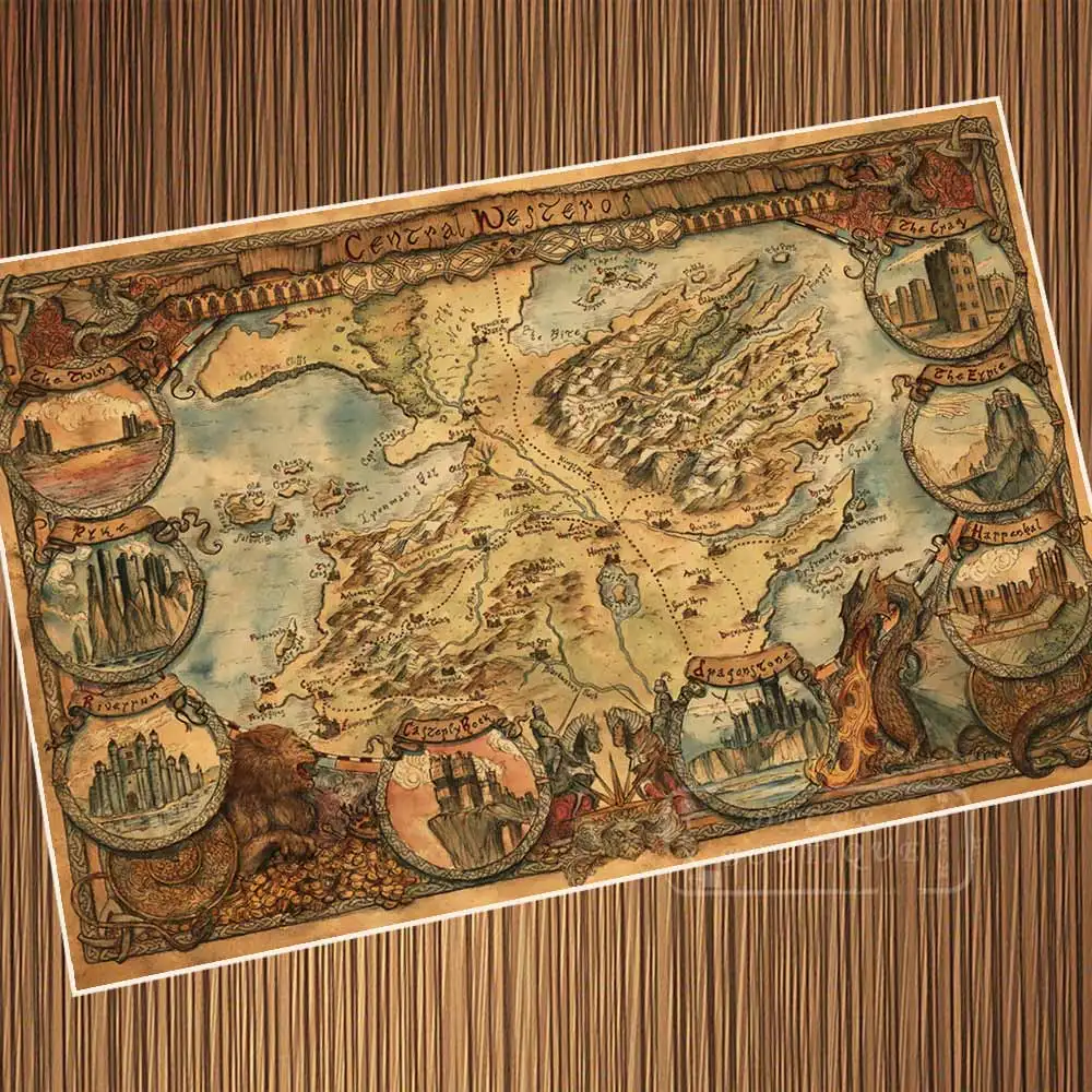Винтажная Игра престолов, карта Вестероса и эссоса, Ретро плакат, холст, живопись, сделай сам, настенная бумага, плакаты, домашний декор, подарок - Цвет: Черный