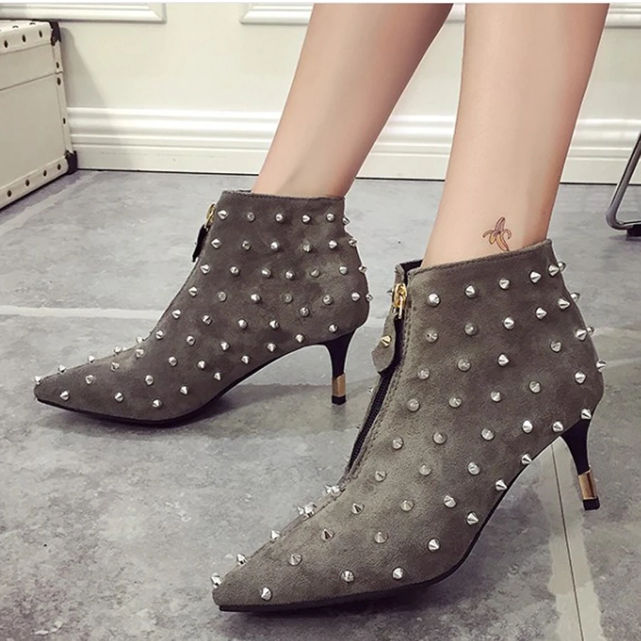 Панк Сапоги Серый Ботильоны Заклепки Черный Указал Женщин Конструктора обувь На