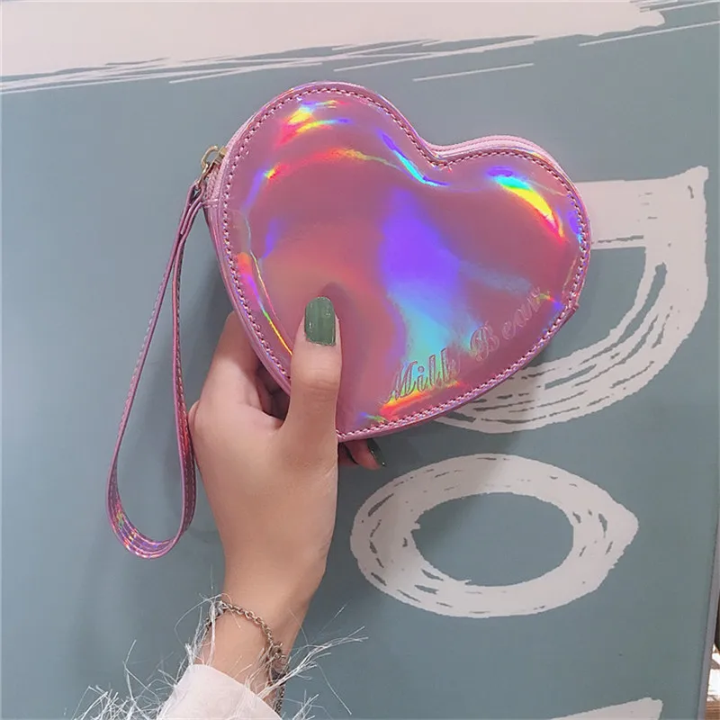 pink Кожаные женские кошельки с сердечком, голографический кошелек на молнии, кредитный держатель для карт, сумочка для девушек, милый маленький тонкий кошелек, Женский кошелек для монет - Цвет: pink