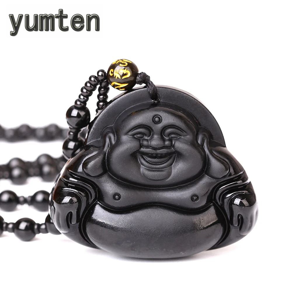 Фото Yumten натуральный обсидиан Смеющийся деньги Будды кулон Цепочки и ожерелья