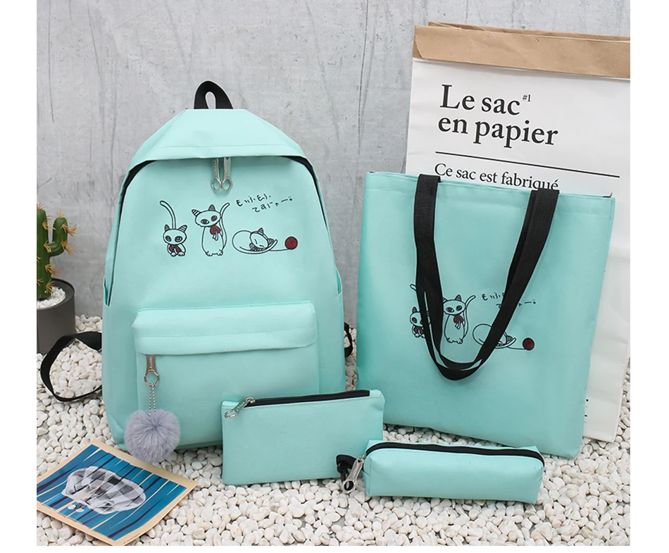 4Pcs/Set Travel Casual Oxford Letter Backpack Preppy Style Cute School Bags For Teenage Girls Women Cat Book Bag Rucksack Dame