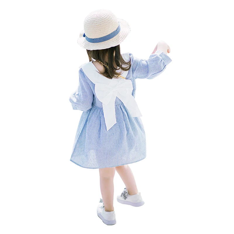 cute doll collar striped 3-10 yrs baby girls long sleeve dress 2019 summer spring big bow blue pink little girl princess costume | Детская