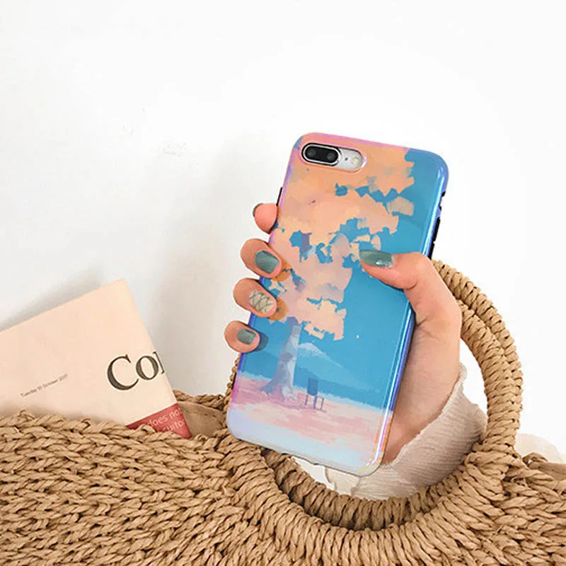 JIBAN Landscape Oil painting case For iphone X 8 8plus Shiny Blu ray Soft silicon Back Cover for 6 6s 6plus 7 7Plus Capa |