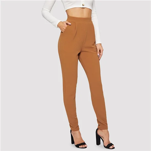 Brown Sheinside, коричневые, с карманом, с заплатками, на ножках, текстурированные штаны, средняя талия, стильные брюки, женские,, с эластичной талией, длинные штаны и капри - Цвет: Brown
