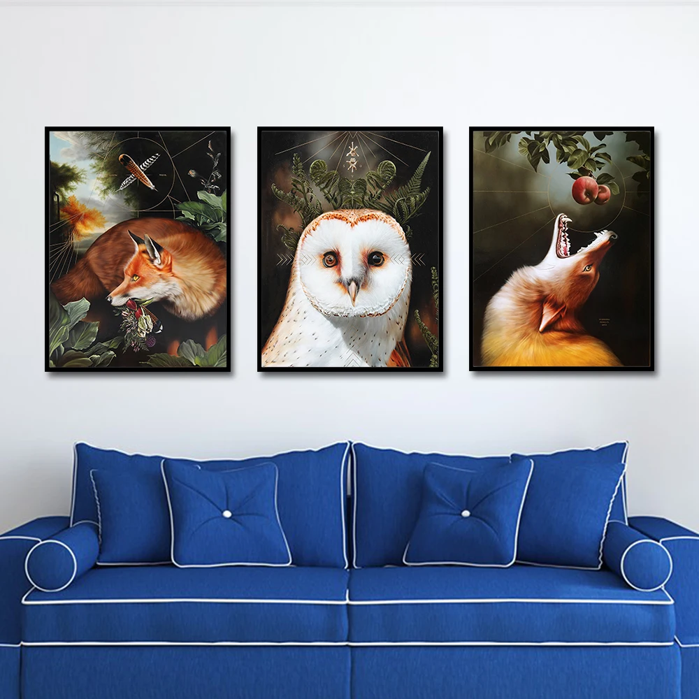 Животные Стиль оленей коз лиса и птицы Книги по искусству Холст плакат печати