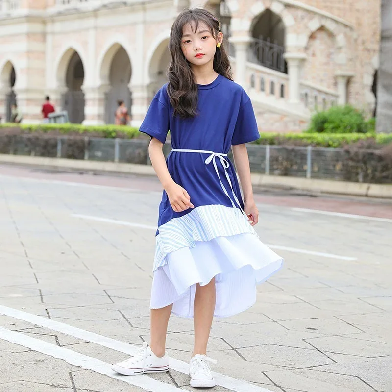 England Style White Blue Ruffles Patchwork A Line Dresses For Baby Big Girls Belt Knee Length Cotton Summer Party Dress Clothes | Детская