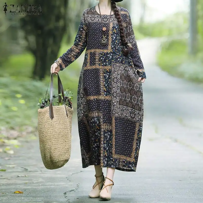 ZANZEA Women Autumn Vintage Floral Printed Long Dress Cotton Linen Sundress Robe Femme Long Sleeve Loose Maxi Vestido Plus Size