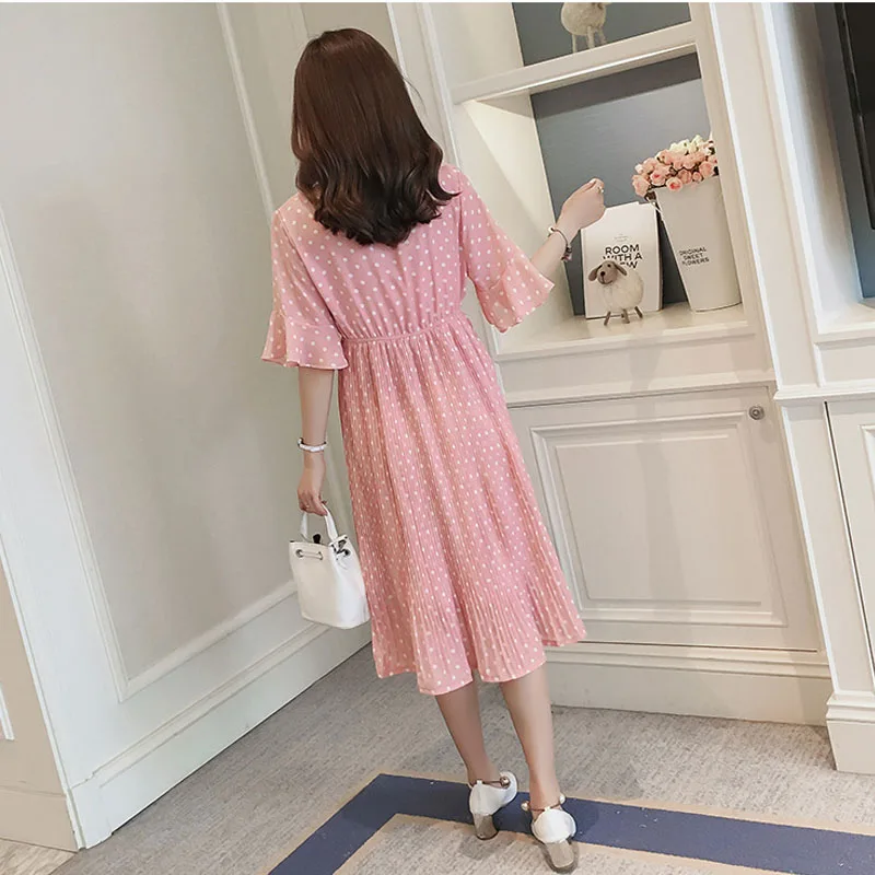

Pregnant Women Midi Pleated Chiffon Dress Pink Polka Dots Summer Pregnancy Clothes Loose Plus Size Maternity Dresses