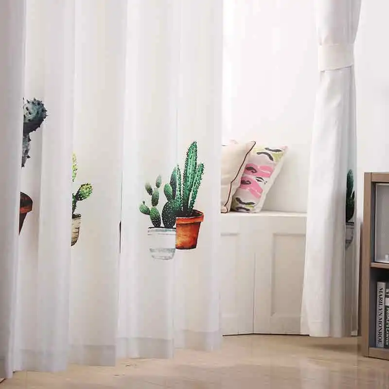 1pc 100% Polyester Curtains For Living Room Semi-shaded Curtain Leisure Children's Style White Cactus Pattern | Дом и сад