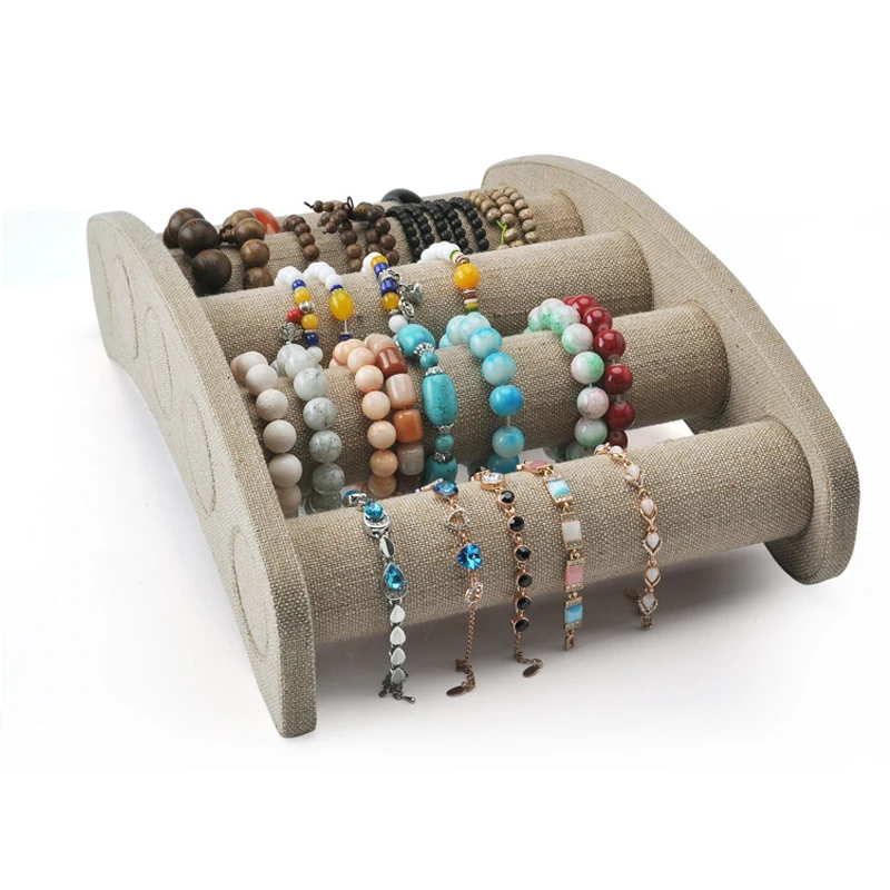 

High Quality Linen 4 Tiers Jewelry Display Holder for Watch Bangle Bracelet Jewelry Display Holder Stand Rack Showcase Display