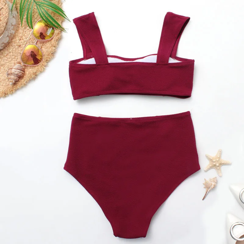 2019 новая высокая талия пузырьковая Ткань Бикини винно-красный простой женский