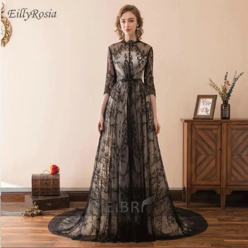 Винтажные Кружевные Черные вечерние платья для свадеб 3/4 пикантное платье с