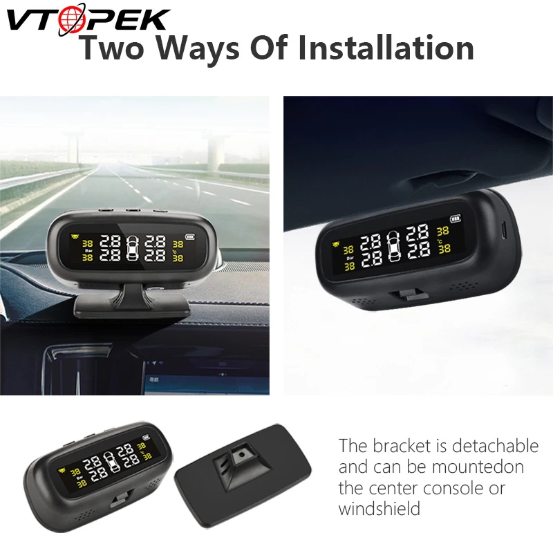 Система контроля давления в шинах TPMS автомобильный 4 внешних внутренних датчика лобового стекла Солнечный или USB цифровой ЖК-беспроводной охранной сигнализации