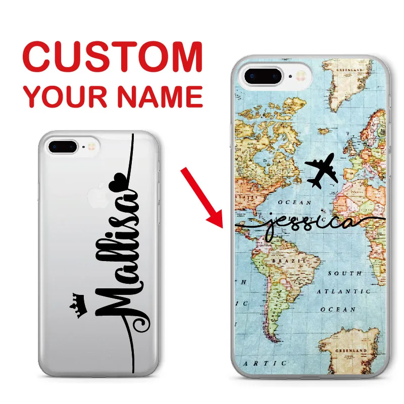 

Personalized Custom Name World Map Crown Heart Soft Clear Phone Case For iPhone 11 12 13 XS Max 7 7Plus 8 8Plus 5 X 11 Pro Max