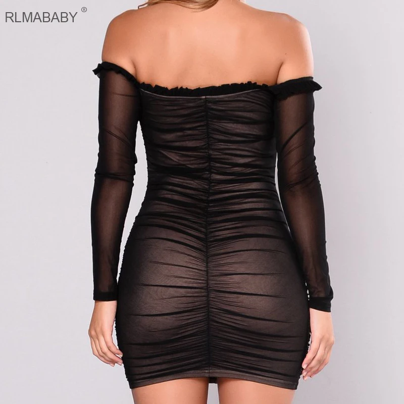 RLMABABY Ruched Бандажное платье с длинным рукавом и открытыми плечами Сетчатое на