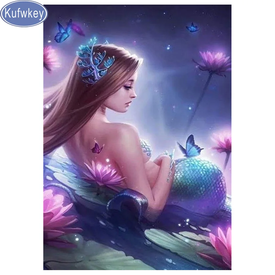 Полноразмерная Алмазная картина Kufwkey 5d сделай сам стразы девушка Русалка Бабочка