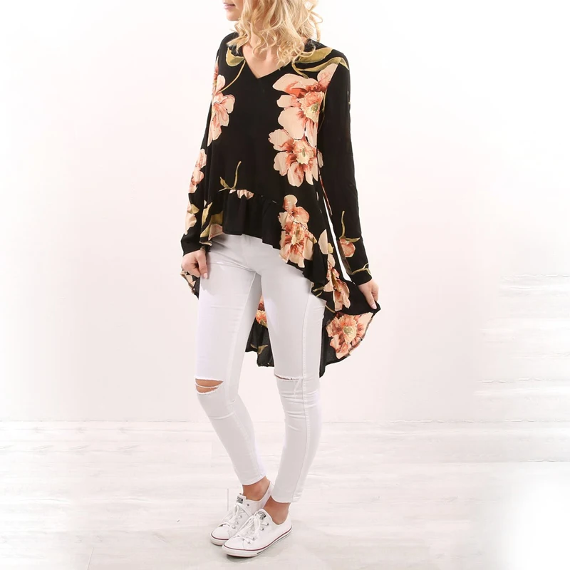 Новинка 2017 осенне Летняя женская блузка с цветочным принтом и длинным рукавом