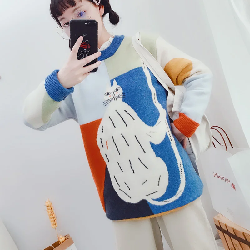 Winter Thicken Warm Original Design Women Pullover Sweater Funny Cats Color Block Stitch Ladies Loose Autumn Knitwear Jumper Top | Женская