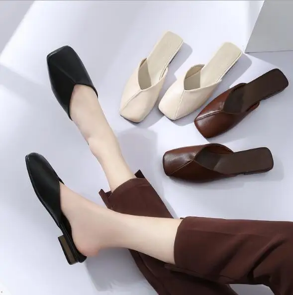 Women's Slippers Flat-bottomed Sandals Outside Wearing Baotou Low-Headed Square Shoes A186 | Обувь